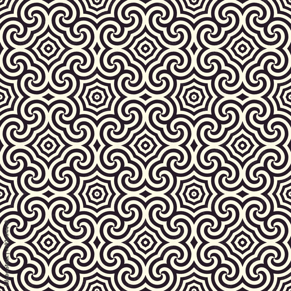 Monochrome vector spiral geometric ornament. Seamless pattern.