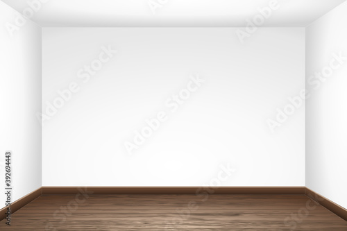 Interior with empty room with white walls and wooden floor.