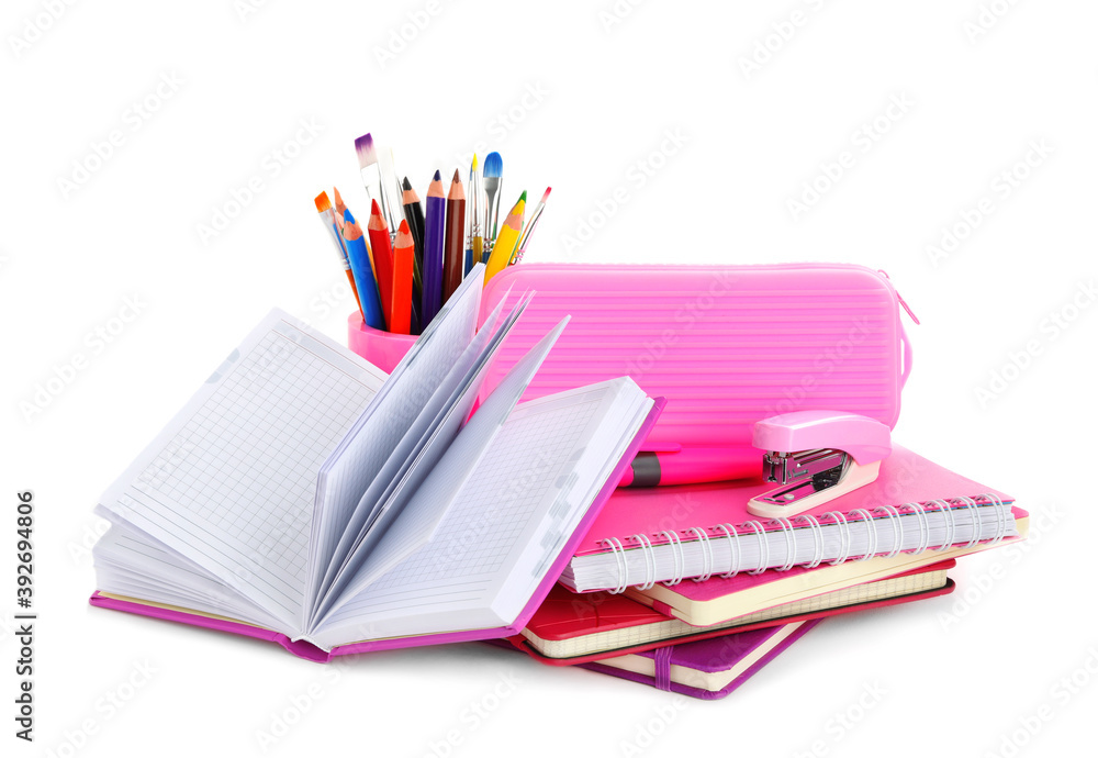 Set of colorful school stationery on white background Set of colorful school stationery on white background