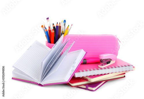 Set of colorful school stationery on white background