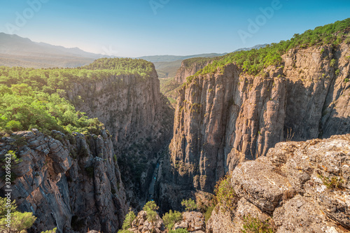 A large and picturesque gorge in the Tazi canyon in Turkey in the rays of the rising sun. A well-known tourist attraction and a place for active recreation and Hiking in Taurus mountains
