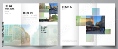 Vector layouts of covers design templates for trifold brochure, flyer layout, book design, brochure cover, advertising mockups. Abstract project with clipping mask green squares for your photo.