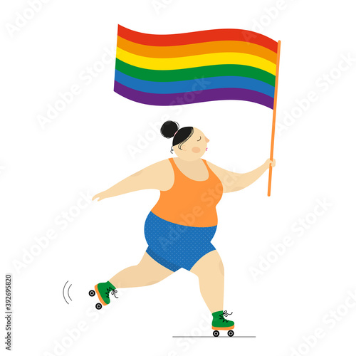 Vector illustration of a girl with a rainbow flag.Funny flat character.