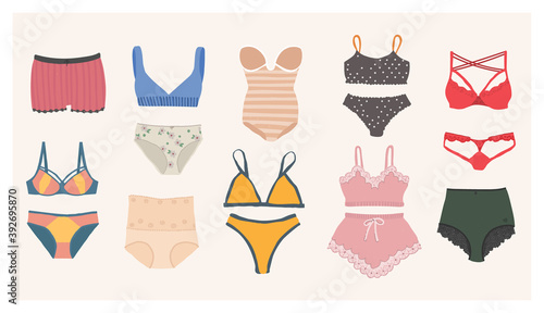 A set of women's underwear - bra, panties, corset, bikini, monokini. Types of lingerie and swimwear. Vector isolated flat illustration for design.