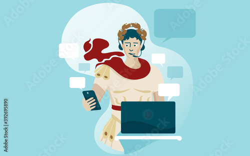 Vector illustration about Multitasking management, scattered attention, manager, office remote worker, Caesar in a laurel wreath and red cloak with messengers in mobile phone and laptop.