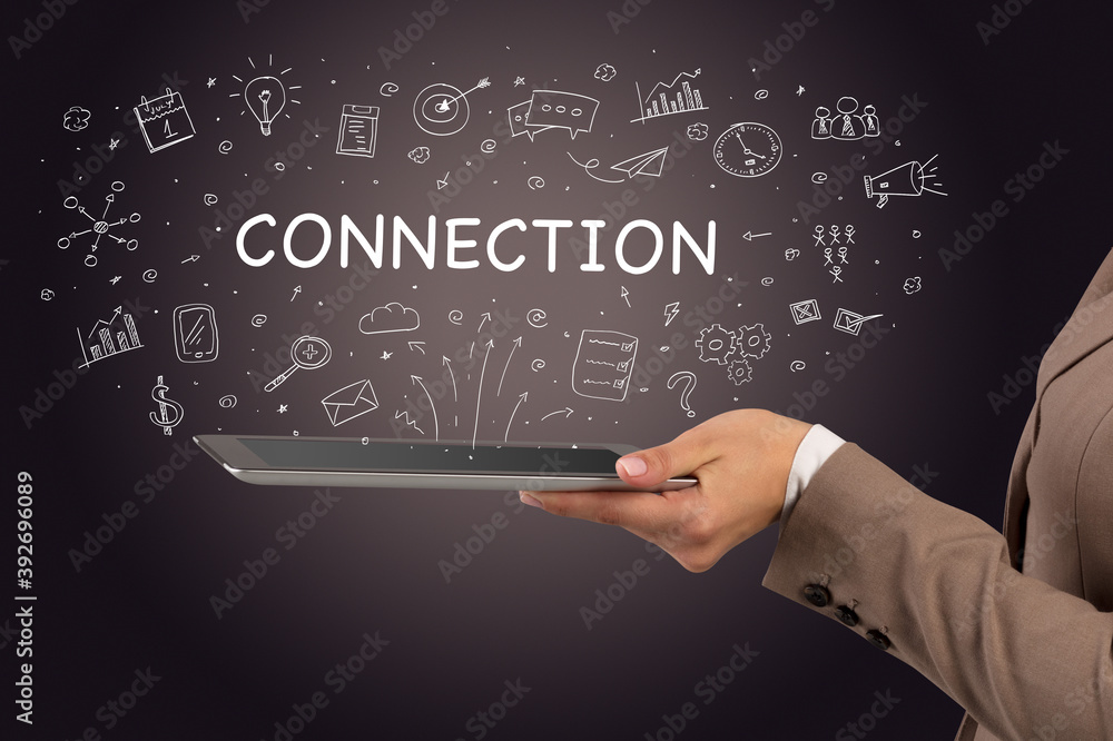 Close-up of a touchscreen with CONNECTION inscription, social media concept Close-up of a touchscreen with CONNECTION inscription, social media concept