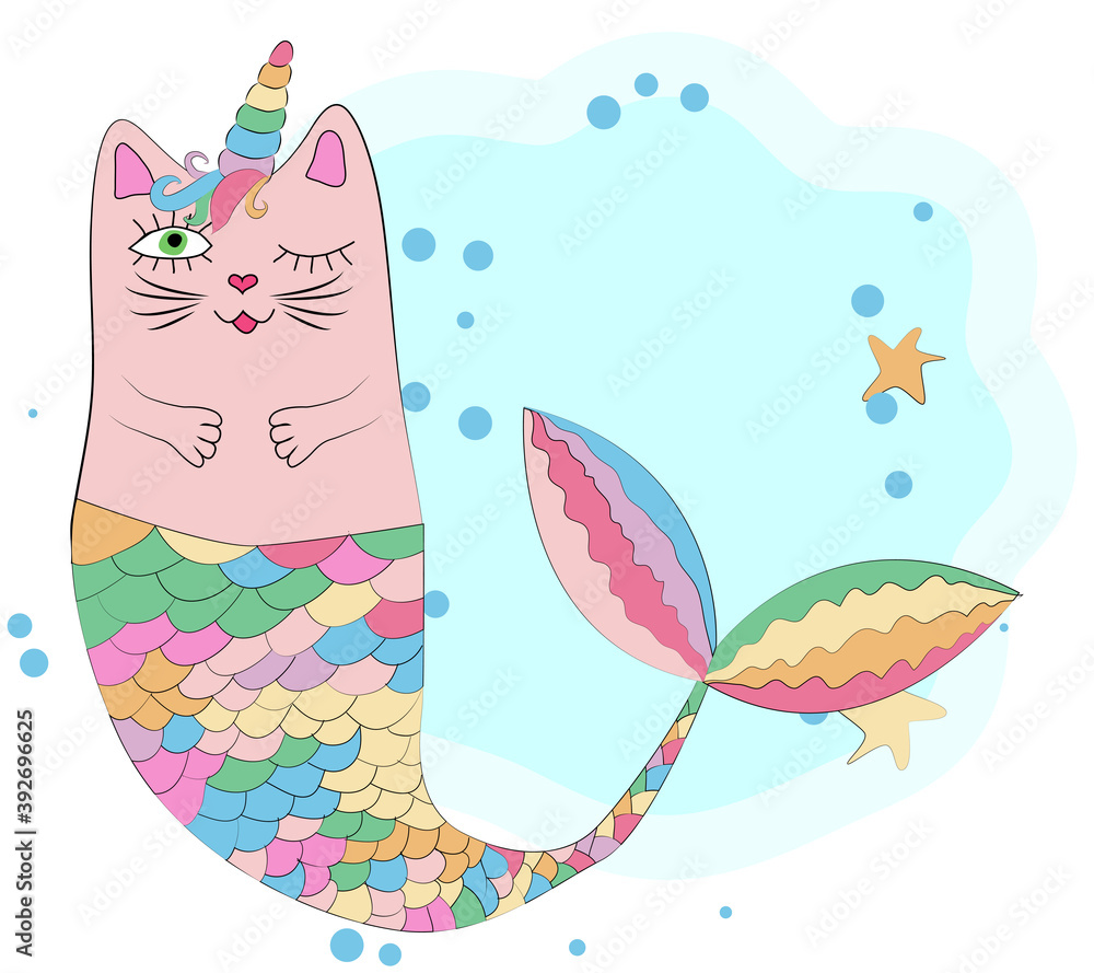 Cat unicorn with a mermaid's tail in the colors of the rainbow