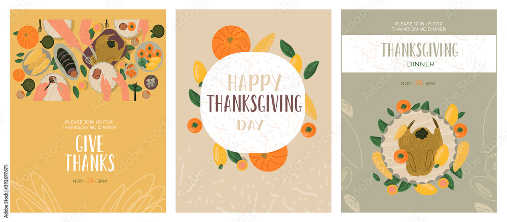 Thanksgiving greetings card and invitations. Celebrating thanksgiving day. Hand draw vector illustration in trendy style.