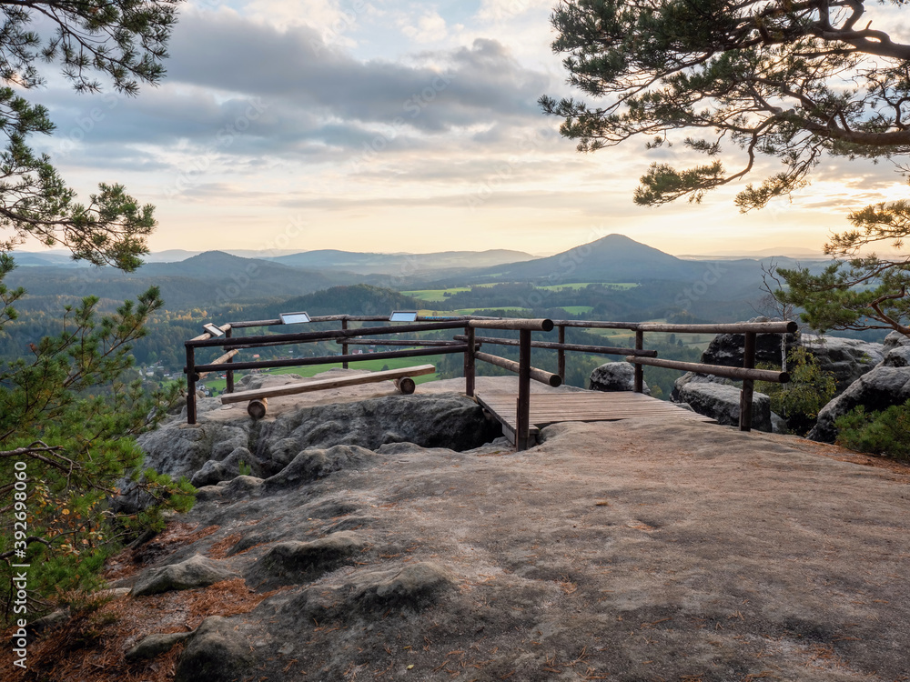 Obraz premium View platform above autumn valley. Hiking through beautiful Czech Switzerland