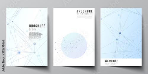 Vector layout of A4 format cover mockups templates for brochure, flyer layout, booklet, cover design, book design, brochure cover. Blue medical background with connecting lines and dots, plexus