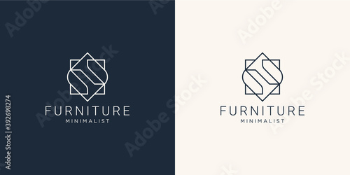 Minimalist abstract line art furniture. logo design style, line.abstract,interior,monogram,Furnishing design template illustration. Premium Vector