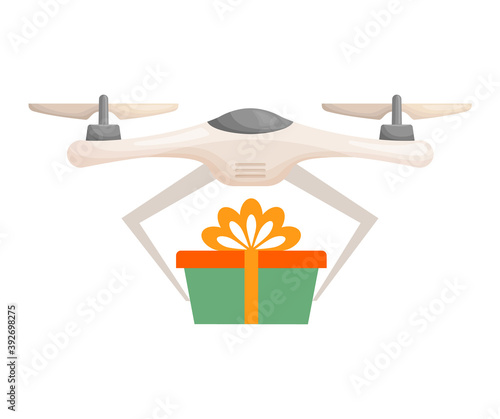 Drone deliver a gift. The quadcopter transcribes the box. Delivery of gifts. Vector illustration isolated on white background.