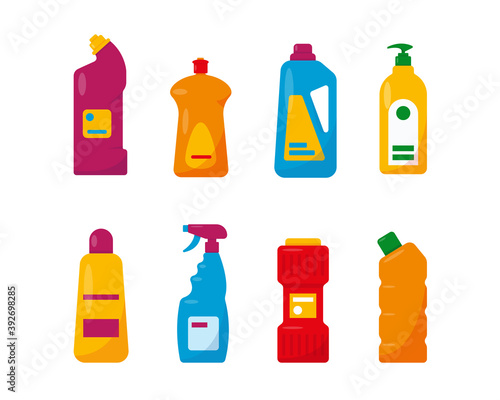 Cleaning products set. Housekeeping sanitary and cleaning. Vector illustration on white background.