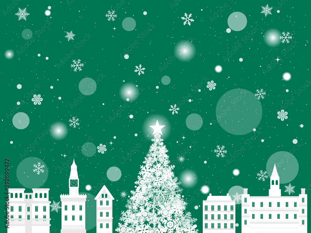 クリスマス　雪の降る洋風の街　風景イラスト　緑色