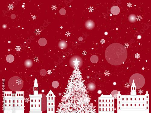 クリスマス　雪の降る洋風の街　風景イラスト　赤色