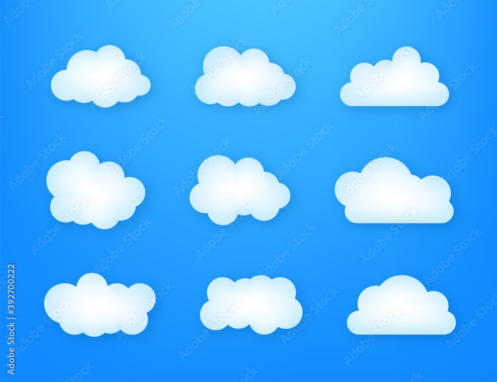 Set of blue sky, clouds. Cloud icon, cloud shape. Set of different clouds. Vector illustration.