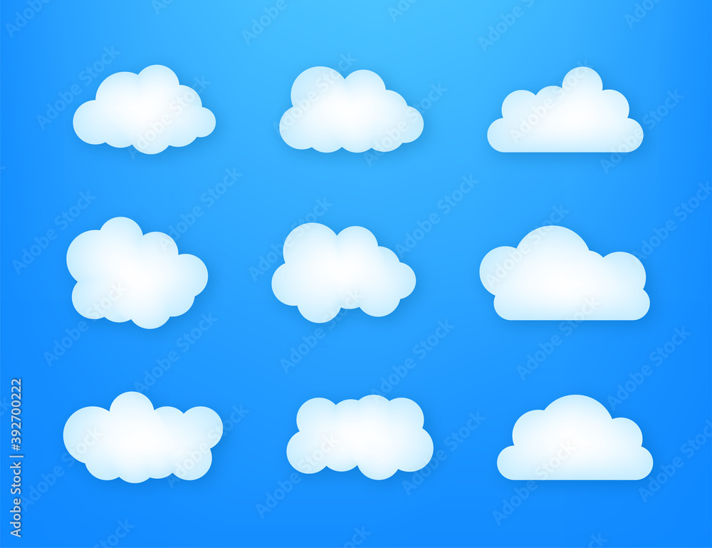 Set of blue sky, clouds. Cloud icon, cloud shape. Set of different clouds. Vector illustration. Set of blue sky, clouds. Cloud icon, cloud shape. Set of different clouds. Vector illustration.
