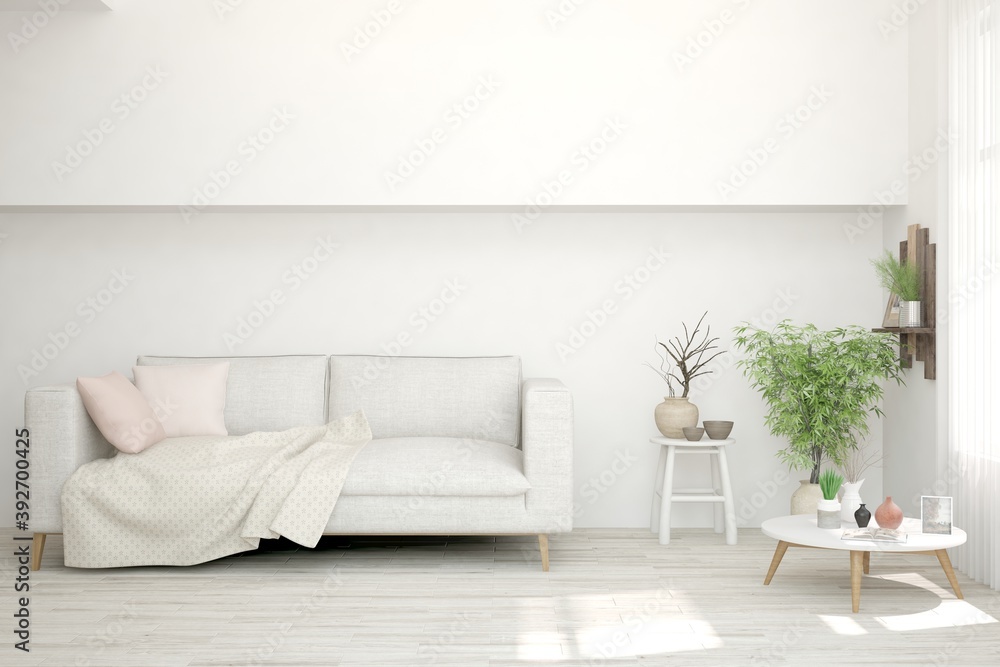 Obraz premium White living room with sofa. Scandinavian interior design. 3D illustration