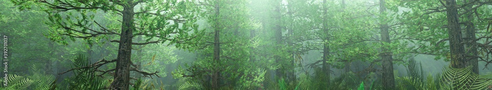 Pine forest in the fog, Christmas trees in the morning in the fog, forest in the haze, 3D rendering