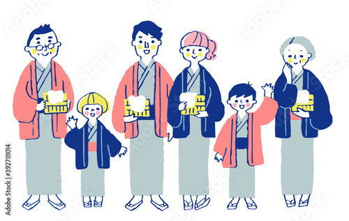 浴衣姿の三世代家族　全身