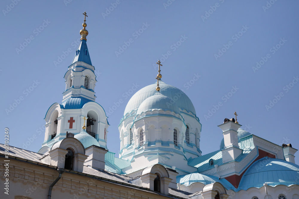 Domes of the Cathedral on Valaam Island, Russia.