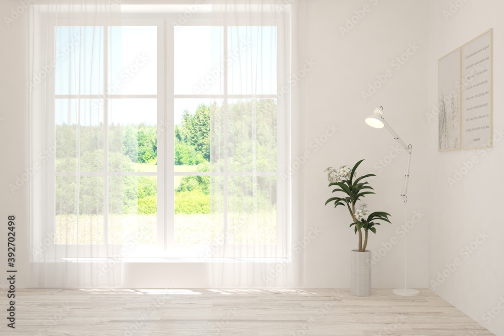 White empty room with summer landscape in window. Scandinavian interior design. 3D illustration White empty room with summer landscape in window. Scandinavian interior design. 3D illustration