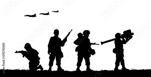 Military soldiers with guns in field. Vector silhouette