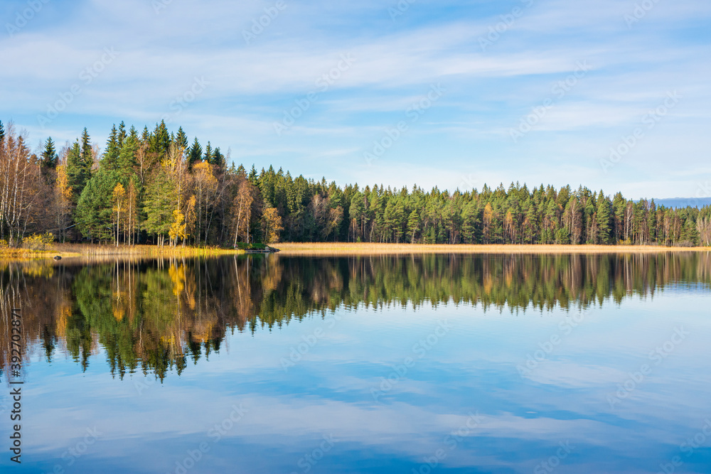 Autumn view of Liesjarvi National Park and The Lake Kyynara,  Tammela, Finland