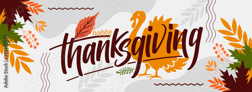 happy thanksgiving banner design with typography, turkey bird and abstract leaves background.