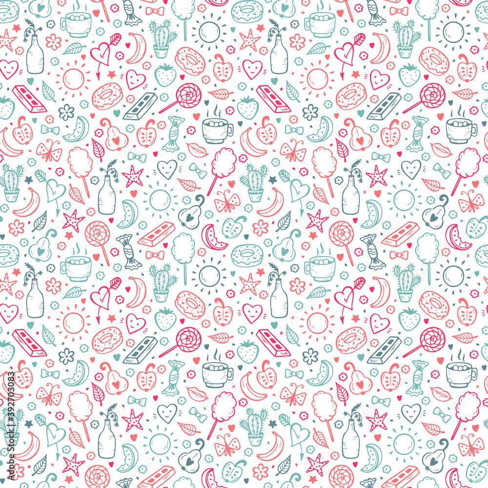Cute Summer Seamless pattern. Sweet Food Vector Background. Hand Drawn Doodle Candies, Fruits, Berries