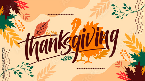 happy thanksgiving banner design with typography, turkey bird and abstract leaves with warm colors background. Vector Illustration