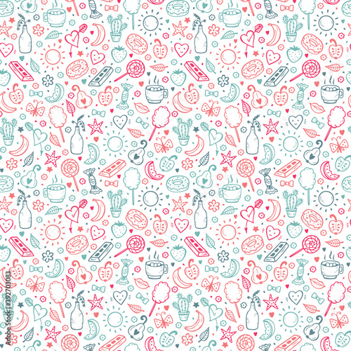 Cute Summer Seamless pattern. Sweet Food Vector Background. Hand Drawn Doodle Candies, Fruits, Berries