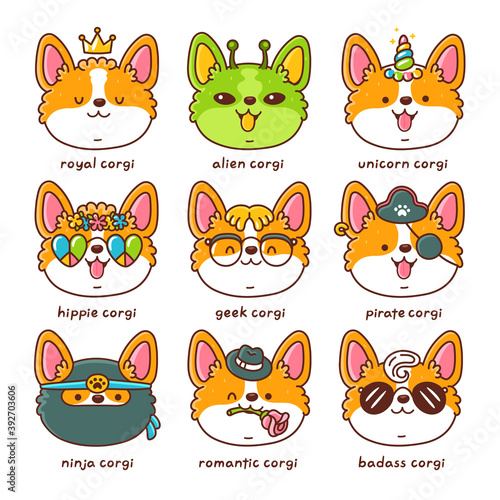 Cute happy different corgi dog face set 