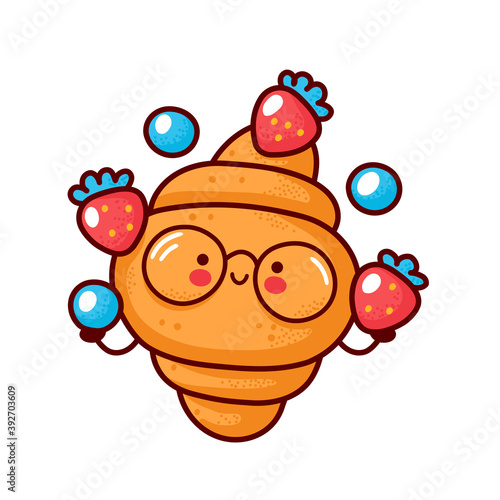 Cute croissant juggle strawberry and blueberry