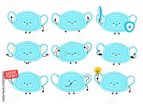 Cute happy medical face mask character set