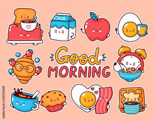 Cute happy breakfast food set collection
