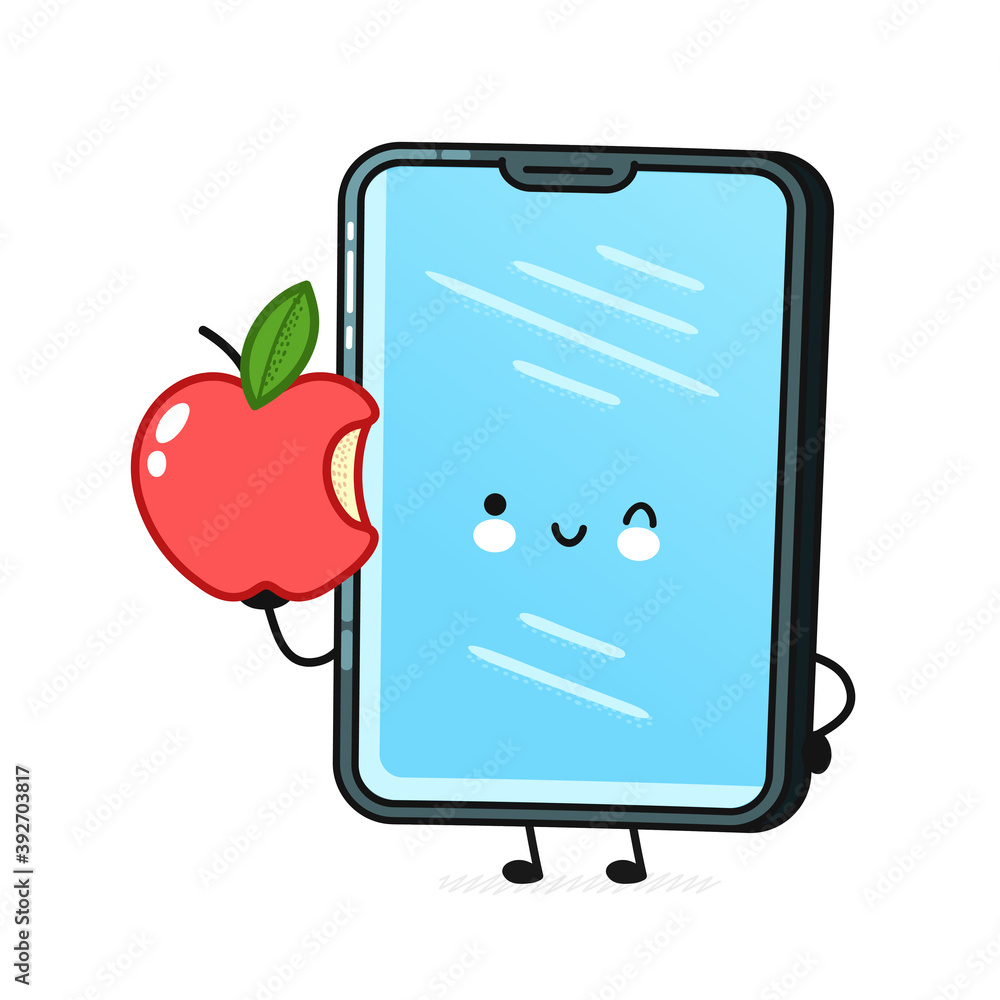 Cute happy smartphone, mobile phone with apple Cute happy smartphone, mobile phone with apple