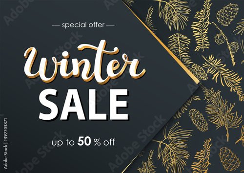 Winter sale vector poster or banner with discount text with golden branches on dark background for shopping promotion. Vector illustration.