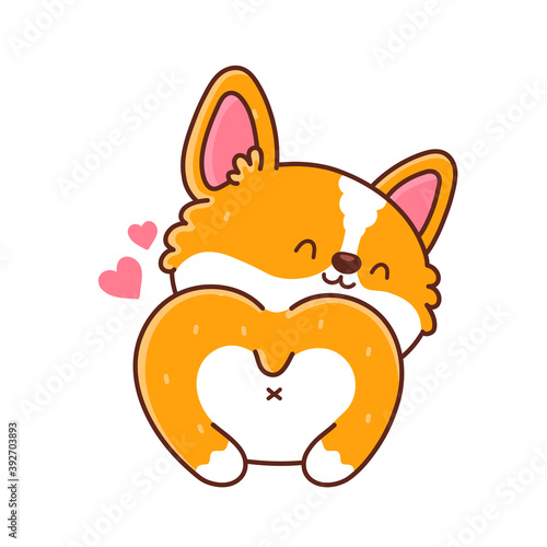 Cute happy corgi dog back. Vector flat