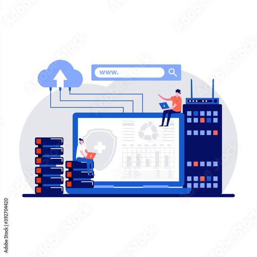 Web hosting concept with character. Webhost servers and data storage with users and developers. Website support service. Online database remote access webpage photo
