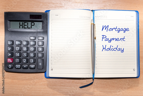 Calculator with the word Help and Notepad with text Mortgage Payment Holiday