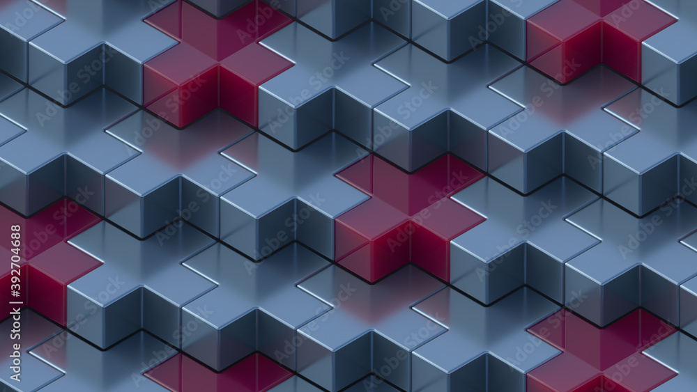 Abstract 3D render. Red and blue medical cross or x or plus. Symbols or signs. Modern pattern illustration. Background wallpaper. Health care poster or banner design. Isometric composition. Abstract 3D render. Red and blue medical cross or x or plus. Symbols or signs. Modern pattern illustration. Background wallpaper. Health care poster or banner design. Isometric composition.