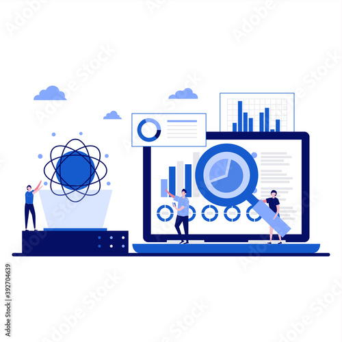 Data science concept with character. Online data storage technologies. Automated web analytics, financial forecast, market research. Modern flat illustration for landing page, infographic, hero image