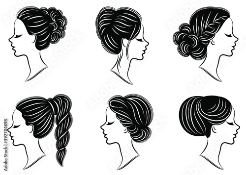 Collection. Silhouette of the head of a lovely lady. The girl demonstrates her pech hairstyle for long and medium hair. Suitable for logo, advertising. Vector illustration set.