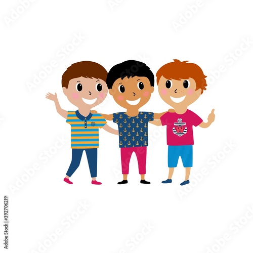 Vector illustration cute kids smiling cartoon isolated on white background. Three best friends. Concept of friendship.