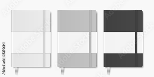 Vector 3d Realistic White, Gray, Black Closed Blank Paper Notebook with Bookmark Set Isolated on White Background. Design Template of Copybook with Elastic Band for Mockup, Logo Print. Top View