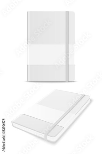 Vector 3d Realistic White Closed Blank Paper Notebook with Label Set Isolated on White Background. Design Template of Copybook with Elastic Band for Mockup, Advertise, Logo Print. Front, Top View