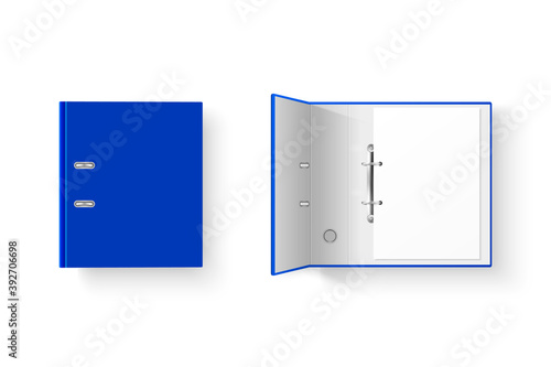 Vector 3d Closed and Opened Realistic Blue Blank and Empty Office Binder Set with Metal Rings and A4 Paper Sheet Closeup Isolated on White Background. Design Template, Mockup, Top View