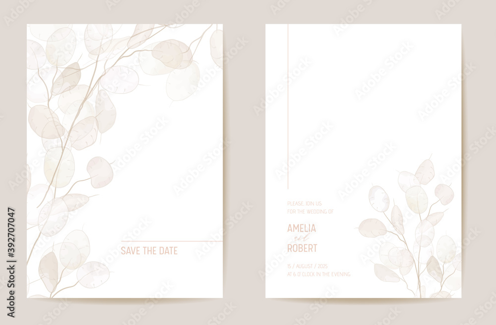 Minimal dried honesty flower invitation card. Wedding boho Save the Date set. Design template of dry flowers