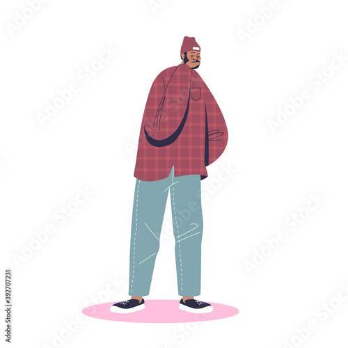 Cartoon man cough and cover face with hand. Young male character coughing in arm
